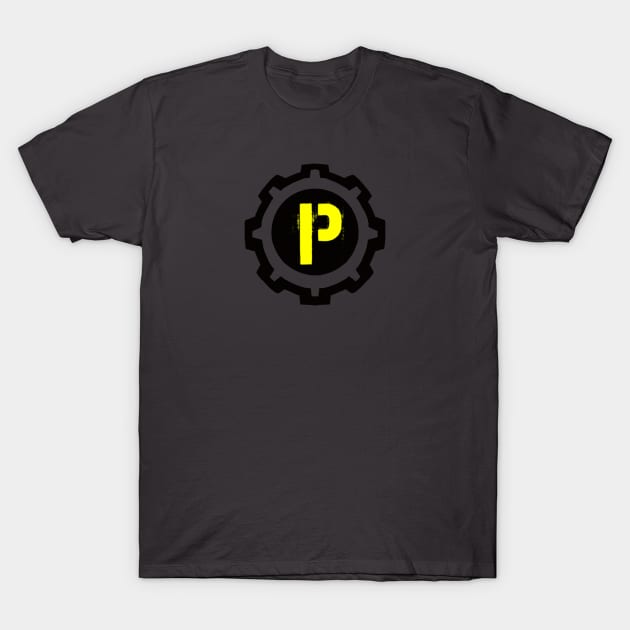 Yellow Letter P in a Black Industrial Cog T-Shirt by MistarCo